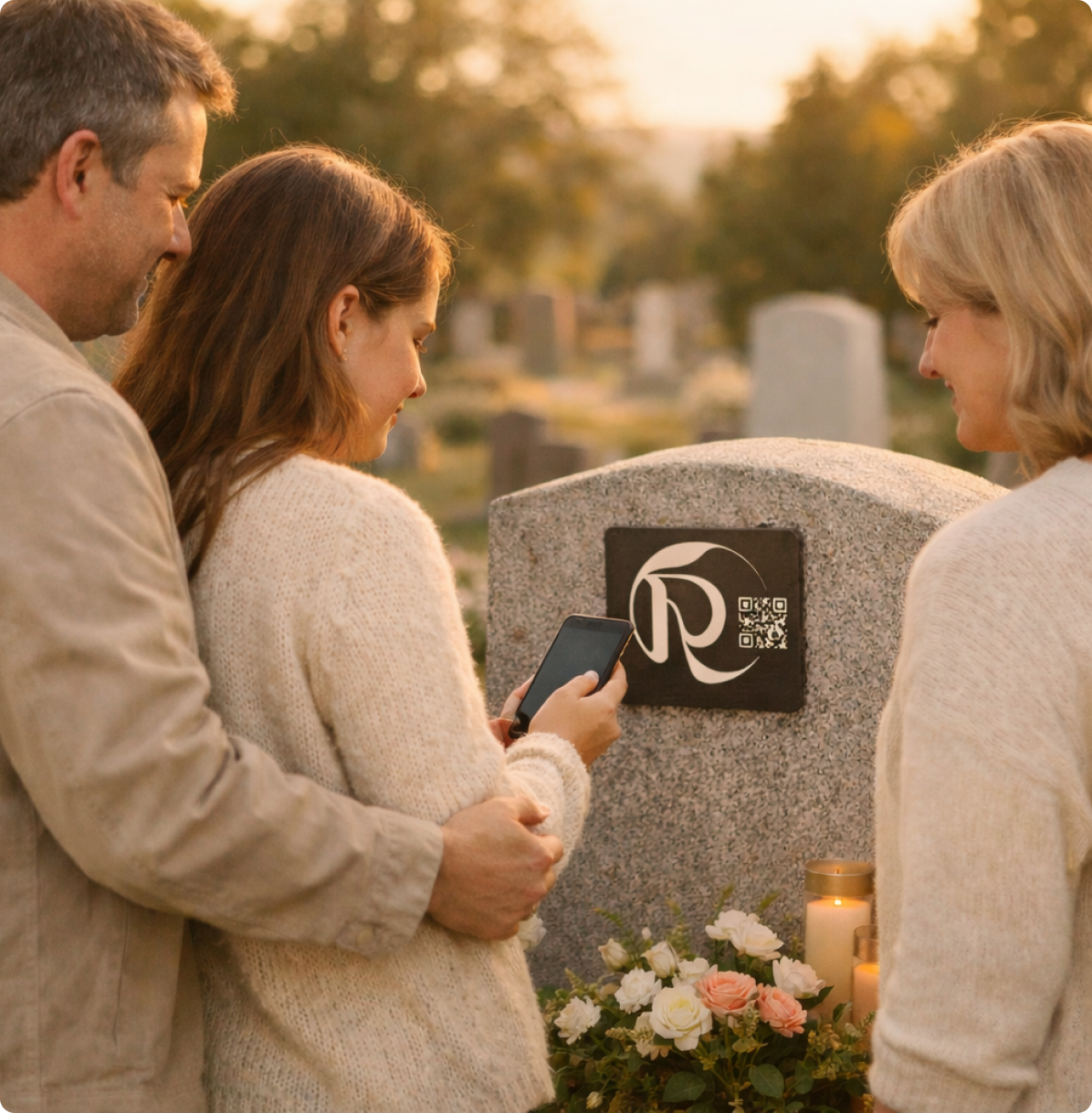 Famille scannant une plaque QR Remember Forever